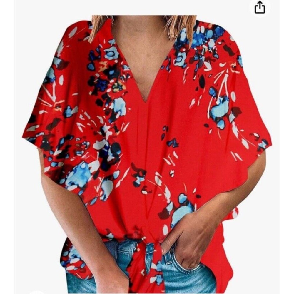 Blouse Women's Chiffon Loose Size S Orange Floral Tie Front Short Sleeves Top